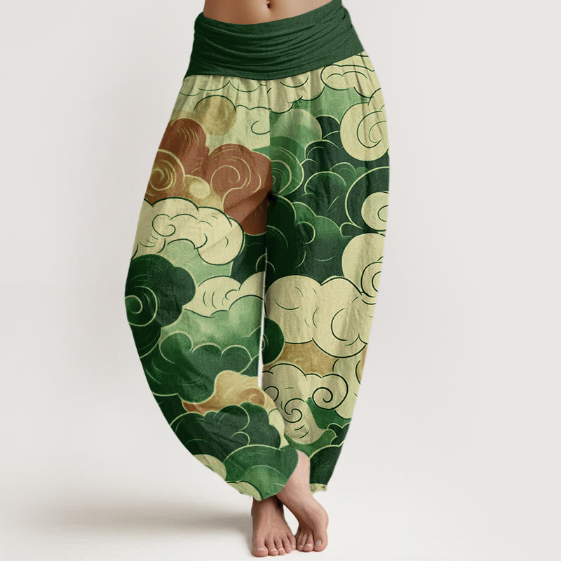 Pantalones bombachos de cintura elástica para mujer, de algodón, estilo casual, con estampado de nubes auspiciosas y Buddha Stones. - Verde - US22，UK/AU26，EU54 (6XL) - image 7