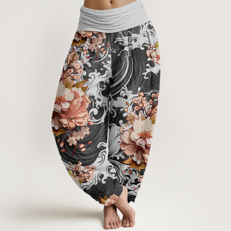 Pantalones bombachos de mujer con cintura elástica, estampado casual de ondas y flores de algodón con Buddha Stones - Gris tenue - US22，UK/AU26，EU54 (6XL) - image 0