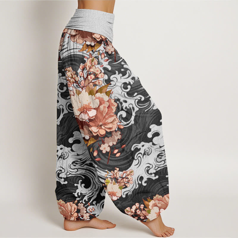 Pantalones bombachos de mujer con cintura elástica, estampado casual de ondas y flores de algodón con Buddha Stones - image 1
