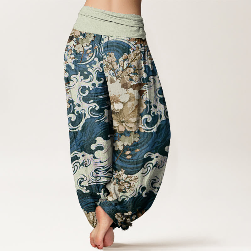Pantalones bombachos de mujer con cintura elástica, estampado casual de ondas y flores de algodón con Buddha Stones - image 6
