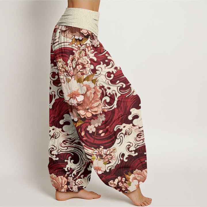 Pantalones bombachos de mujer con cintura elástica, estampado casual de ondas y flores de algodón con Buddha Stones - image 8