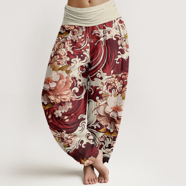 Pantalones bombachos de mujer con cintura elástica, estampado casual de ondas y flores de algodón con Buddha Stones - Marrón - US22，UK/AU26，EU54 (6XL) - image 7