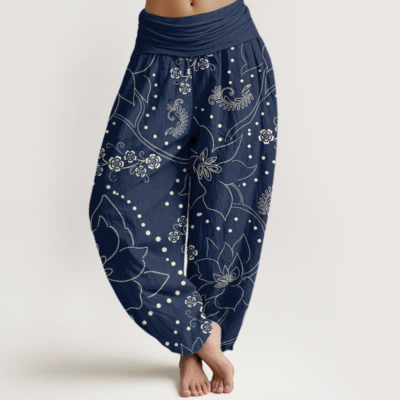Pantalones harén informales con estampado de hojas y flores grandes de Buddha Stones para mujer, con cintura elástica - Marina de guerra - US22，UK/AU26，EU54 (6XL) - image 1
