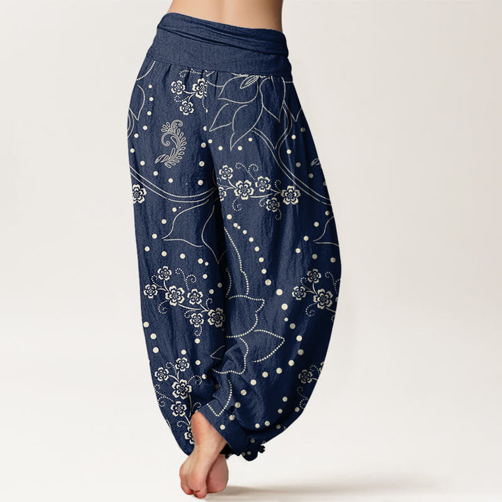 Pantalones harén informales con estampado de hojas y flores grandes de Buddha Stones para mujer, con cintura elástica - image 3