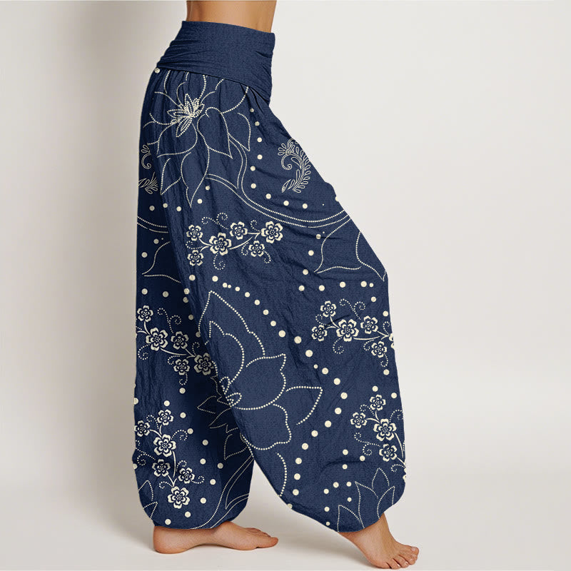 Pantalones harén informales con estampado de hojas y flores grandes de Buddha Stones para mujer, con cintura elástica - image 2