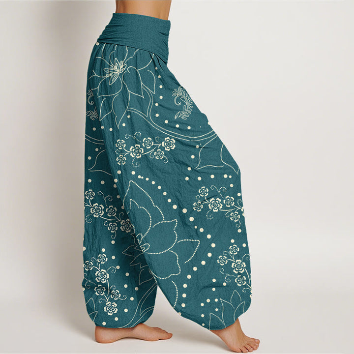 Pantalones harén informales con estampado de hojas y flores grandes de Buddha Stones para mujer, con cintura elástica - image 6
