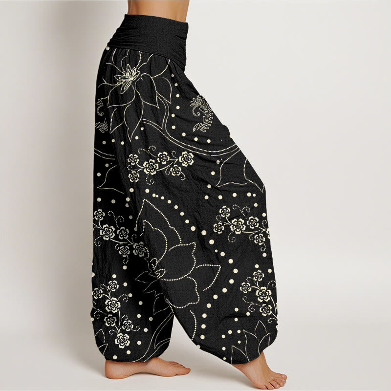 Pantalones harén informales con estampado de hojas y flores grandes de Buddha Stones para mujer, con cintura elástica - image 9