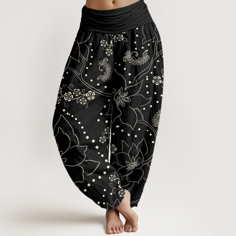 Pantalones harén informales con estampado de hojas y flores grandes de Buddha Stones para mujer, con cintura elástica - Negro - US22，UK/AU26，EU54 (6XL) - image 8