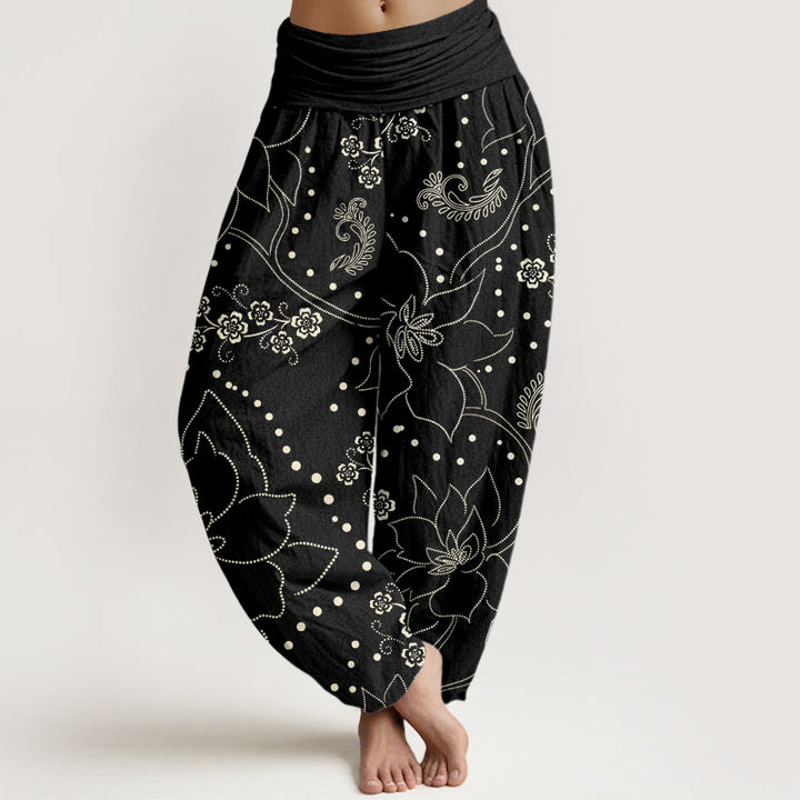 Pantalones harén informales con estampado de hojas y flores grandes de Buddha Stones para mujer, con cintura elástica - Negro - US22，UK/AU26，EU54 (6XL) - image 8