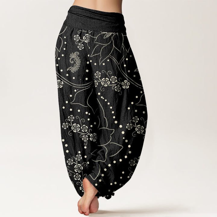Pantalones harén informales con estampado de hojas y flores grandes de Buddha Stones para mujer, con cintura elástica - image 10