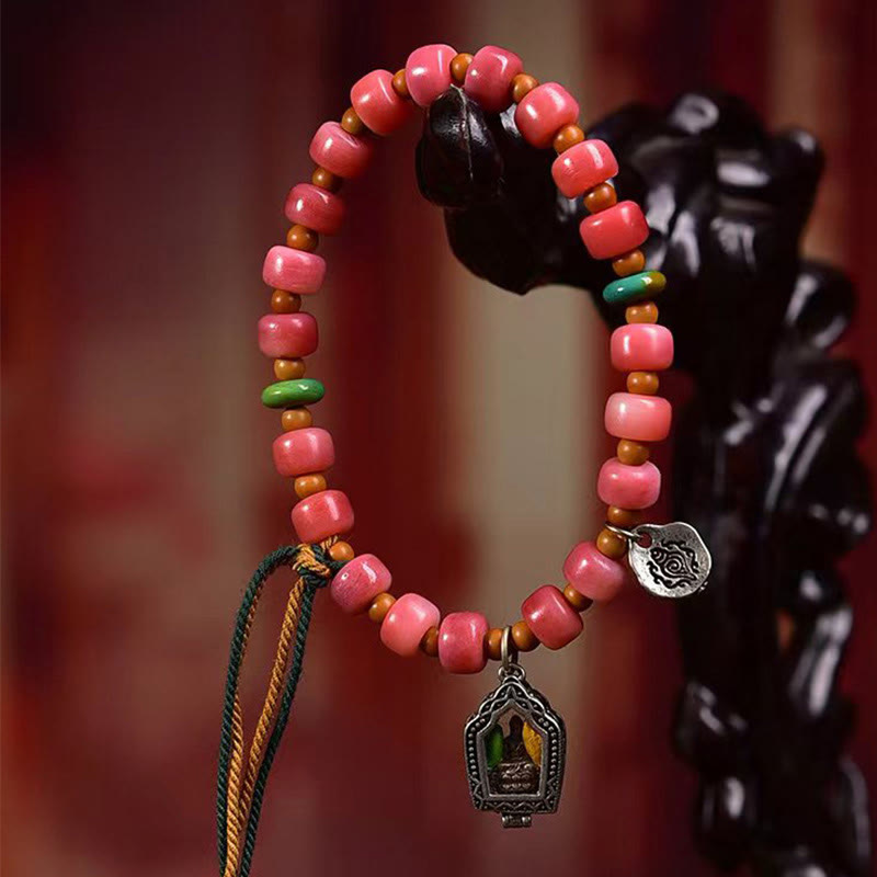 Pulsera de la suerte con Buddha Stones, hueso de camello tibetano, cobre y ágata roja