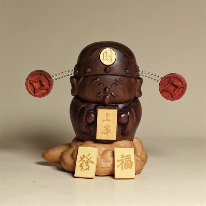 Estatua de Buddha Stones Caishen, Dios de la Riqueza, de nogal negro y haya, con carácter Fu, monedas de cobre, decoración del hogar. - 3,54 x 2,95 x 2,36 pulgadas (9 x 7,5 x 6 cm) - image 0