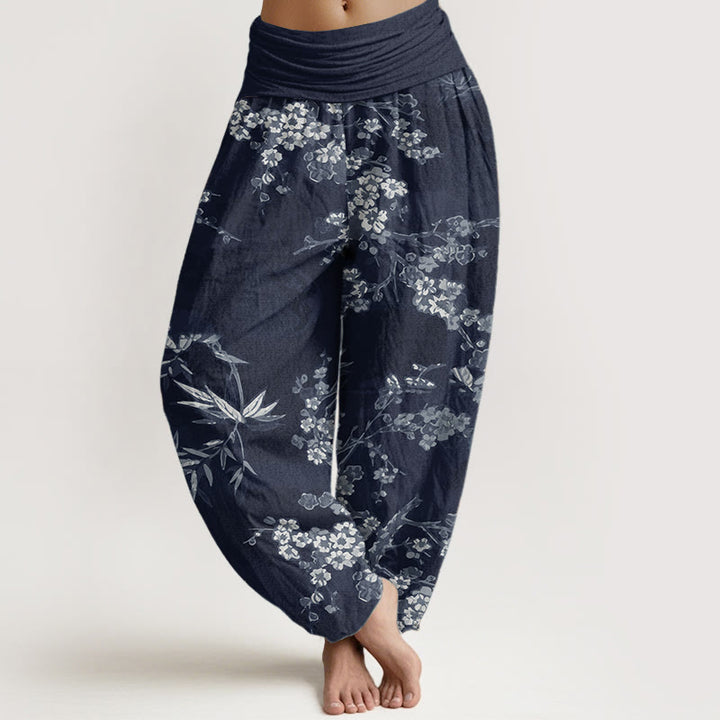 Pantalones Buddha Stones de algodón puro con estampado de flores de sakura blancas y cintura elástica para mujer - Azul medianoche - US22，UK/AU26，EU54 (6XL) - image 0