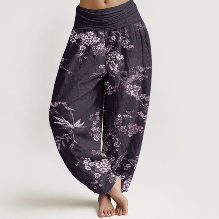 Pantalones Buddha Stones de algodón puro con estampado de flores de sakura blancas y cintura elástica para mujer - Púrpura - US22，UK/AU26，EU54 (6XL) - image 6