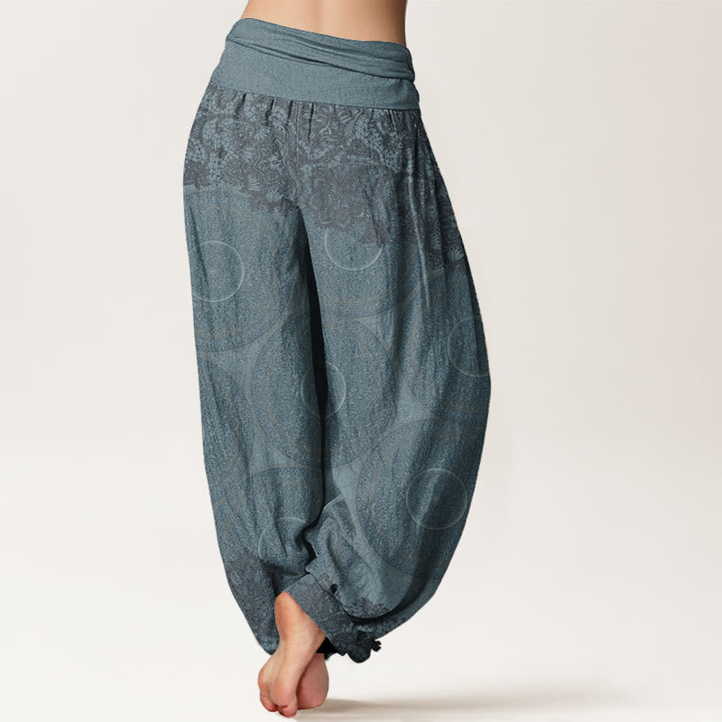 Buddha Stones harén de algodón puro con diseño de brújula y flores para mujer, estilo casual, con cintura elástica