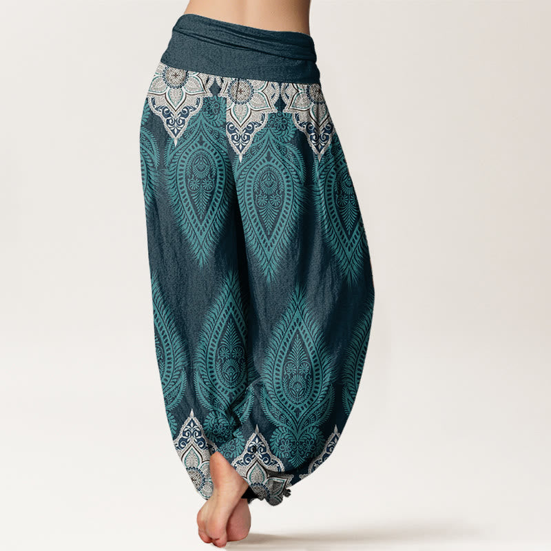 Pantalones Buddha Stones de algodón puro con diseño floral y plumas para mujer, cintura elástica