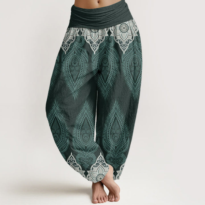 Pantalones Buddha Stones de algodón puro con diseño floral y plumas para mujer, cintura elástica