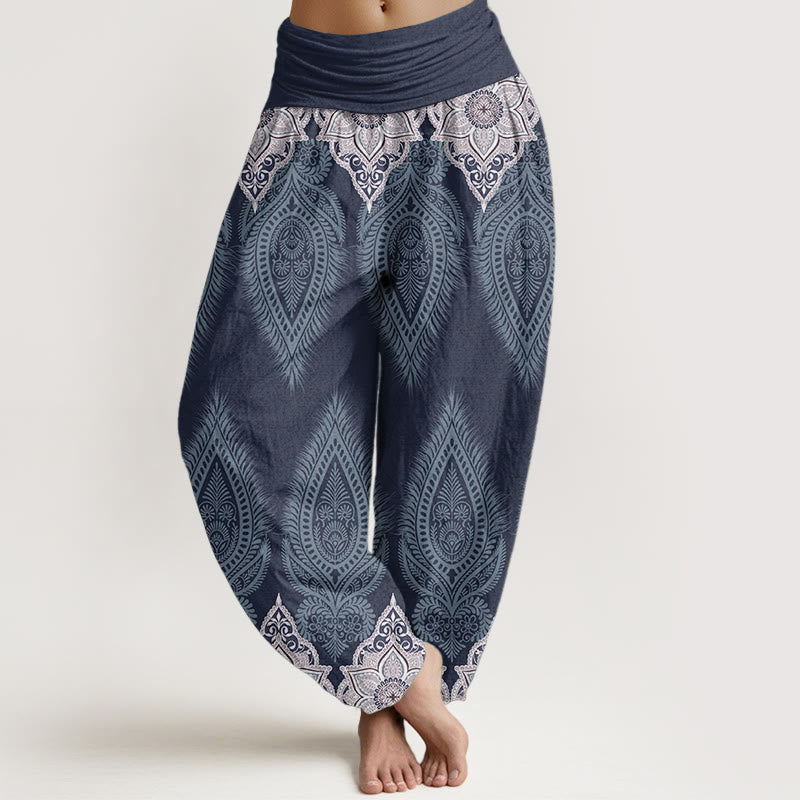 Pantalones Buddha Stones de algodón puro con diseño floral y plumas para mujer, cintura elástica