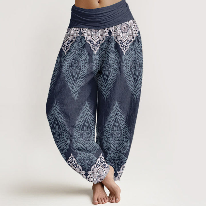 Pantalones Buddha Stones de algodón puro con diseño floral y plumas para mujer, cintura elástica