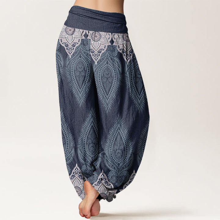 Pantalones Buddha Stones de algodón puro con diseño floral y plumas para mujer, cintura elástica