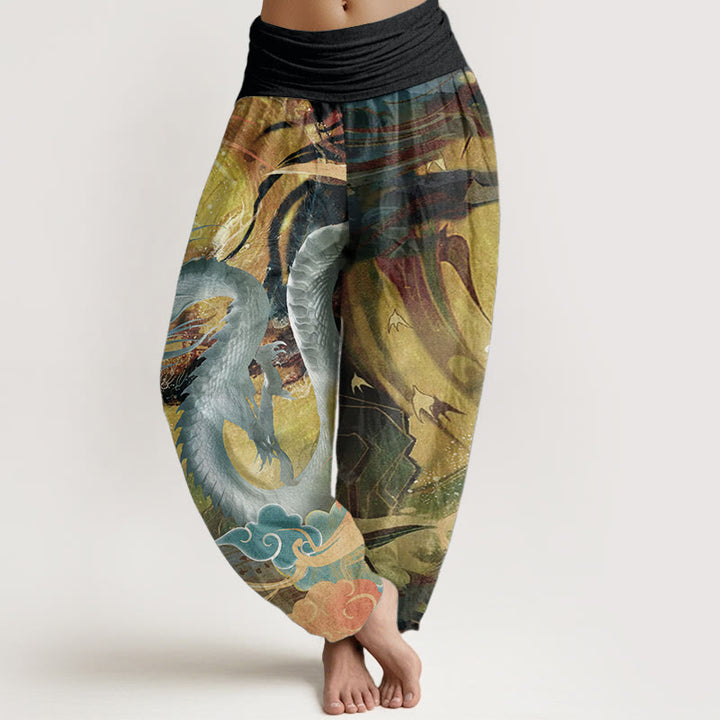 Pantalones Buddha Stones de algodón puro con diseño de nubes auspiciosas y dragón para mujer, con cintura elástica