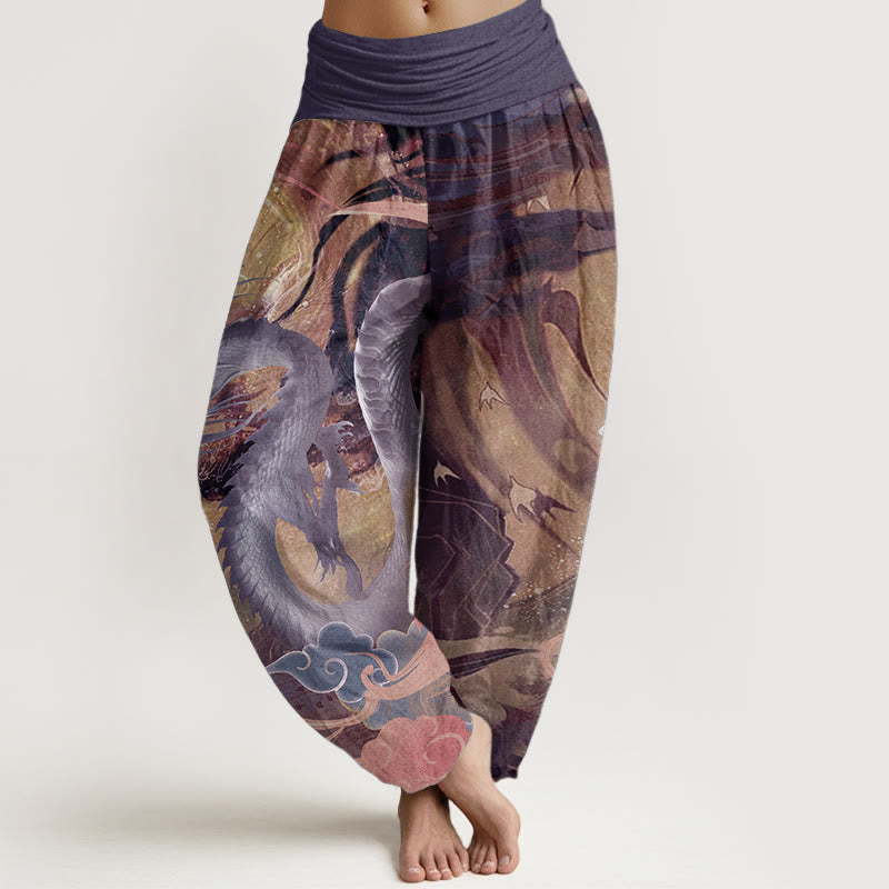 Pantalones Buddha Stones de algodón puro con diseño de nubes auspiciosas y dragón para mujer, con cintura elástica
