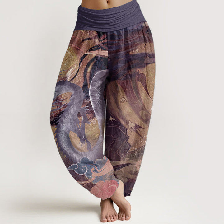 Pantalones Buddha Stones de algodón puro con diseño de nubes auspiciosas y dragón para mujer, con cintura elástica