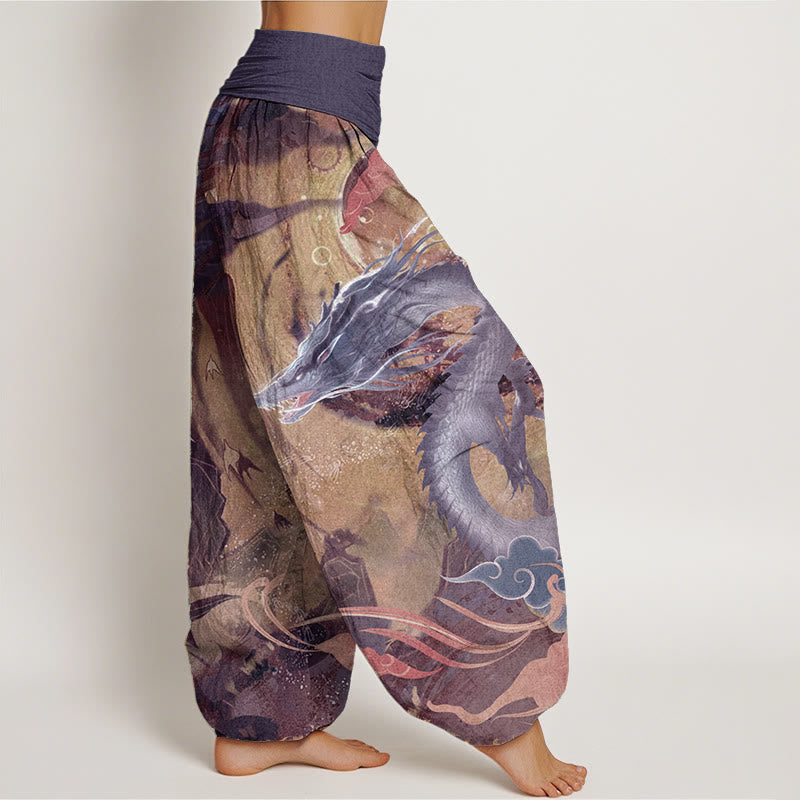 Pantalones Buddha Stones de algodón puro con diseño de nubes auspiciosas y dragón para mujer, con cintura elástica