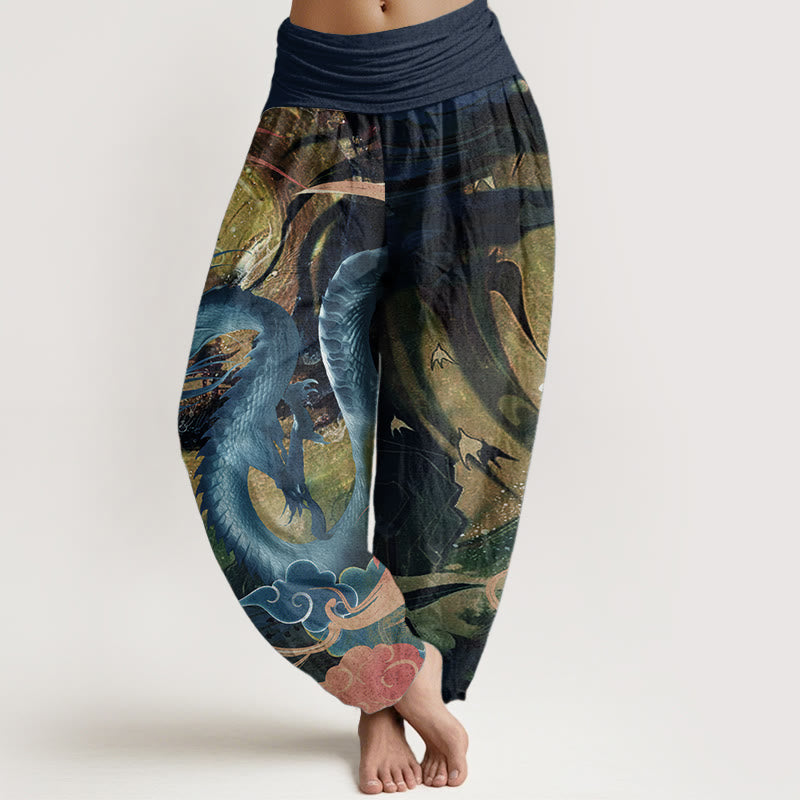 Pantalones Buddha Stones de algodón puro con diseño de nubes auspiciosas y dragón para mujer, con cintura elástica