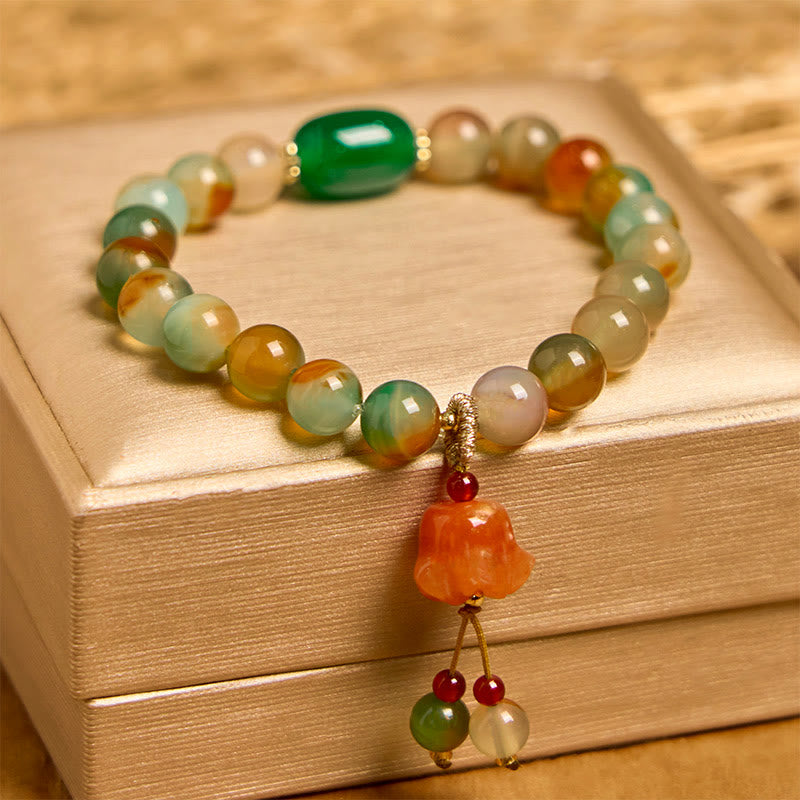 Pulsera de soporte con Buddha Stones, ágata pavo real natural y colorida, mariposa, hebilla de paz, lirio de los valles