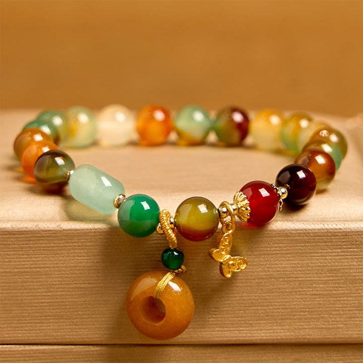 Pulsera de soporte con Buddha Stones, ágata pavo real natural y colorida, mariposa, hebilla de paz, lirio de los valles