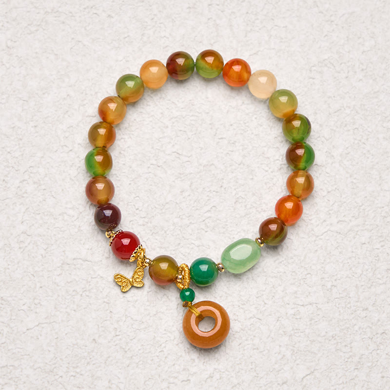 Pulsera de soporte con Buddha Stones, ágata pavo real natural y colorida, mariposa, hebilla de paz, lirio de los valles