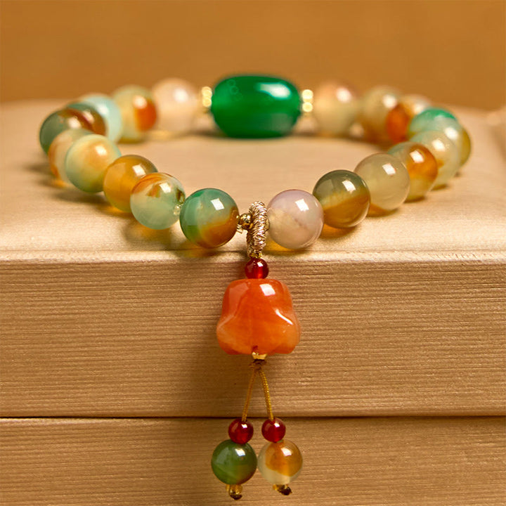 Pulsera de soporte con Buddha Stones, ágata pavo real natural y colorida, mariposa, hebilla de paz, lirio de los valles
