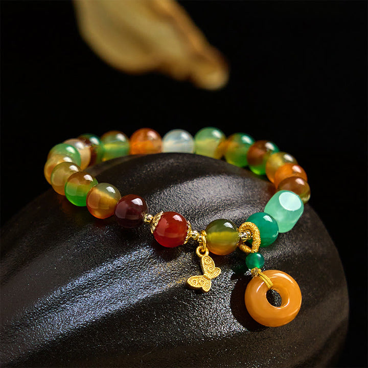 Pulsera de soporte con Buddha Stones, ágata pavo real natural y colorida, mariposa, hebilla de paz, lirio de los valles