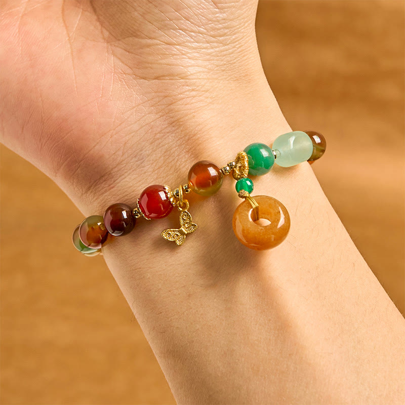 Pulsera de soporte con Buddha Stones, ágata pavo real natural y colorida, mariposa, hebilla de paz, lirio de los valles