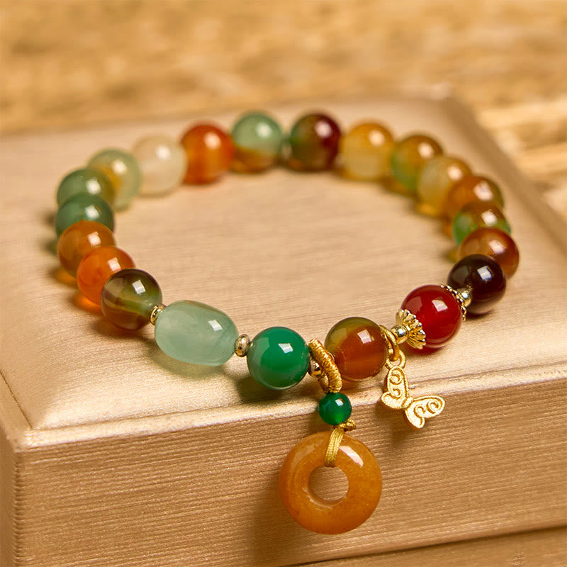 Pulsera de soporte con Buddha Stones, ágata pavo real natural y colorida, mariposa, hebilla de paz, lirio de los valles