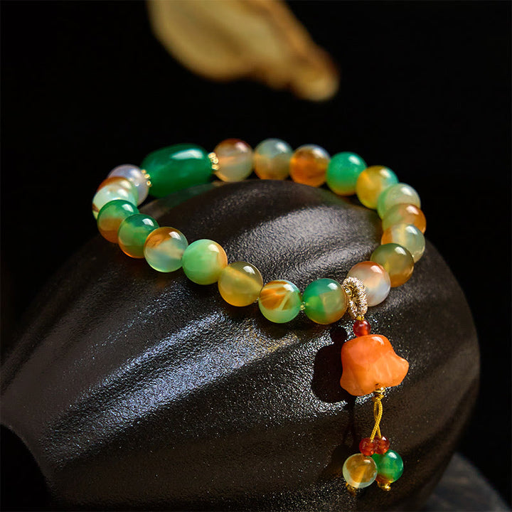Pulsera de soporte con Buddha Stones, ágata pavo real natural y colorida, mariposa, hebilla de paz, lirio de los valles