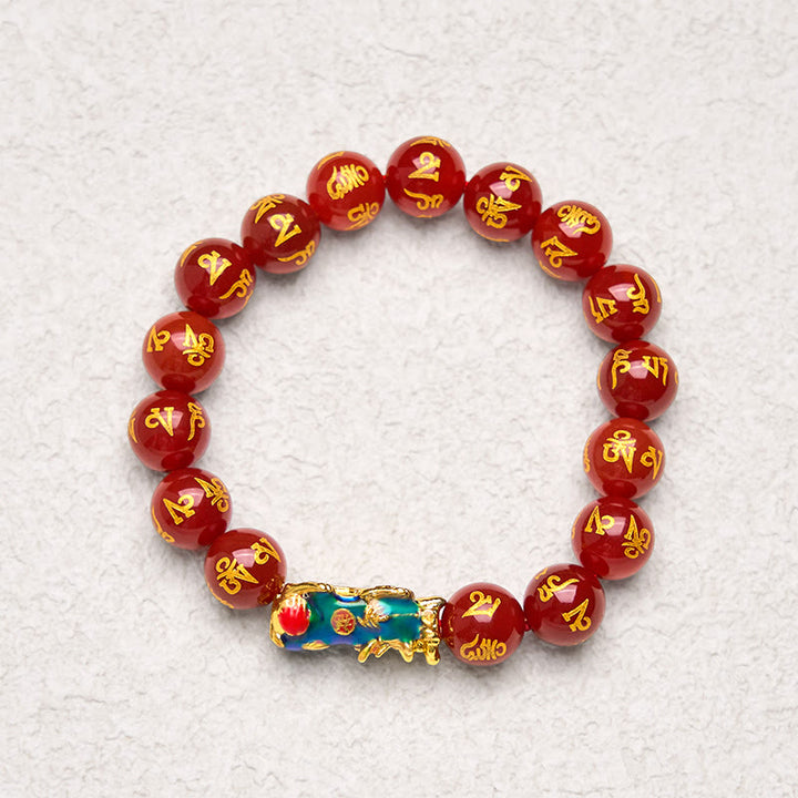 Pulsera PiXiu Om Mani Padme Hum con Buddha Stones y ágata roja que cambia de color
