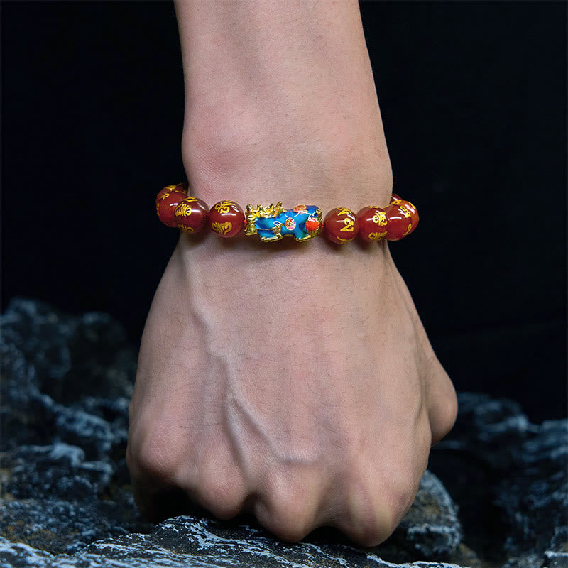 Pulsera PiXiu Om Mani Padme Hum con Buddha Stones y ágata roja que cambia de color