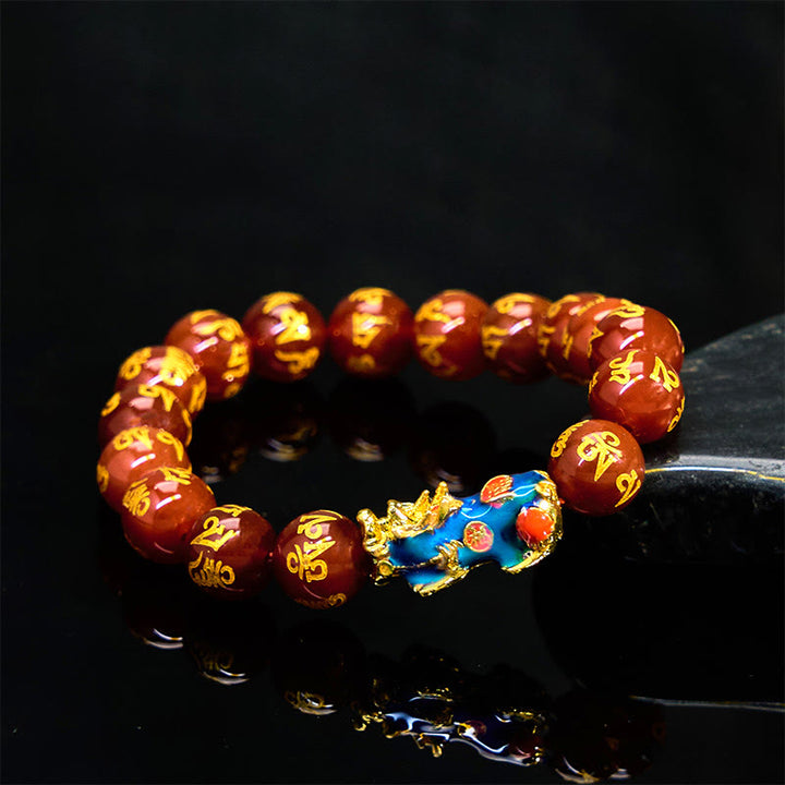 Pulsera PiXiu Om Mani Padme Hum con Buddha Stones y ágata roja que cambia de color