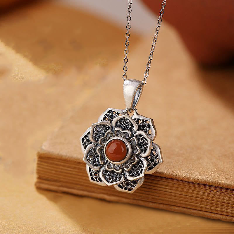 Collar con colgante de cobre y ágata roja con diseño de loto y piedras de Buddha Stones tibetanas Om Mani Padme Hum - Om Mani Padme Hum y Loto - image 1