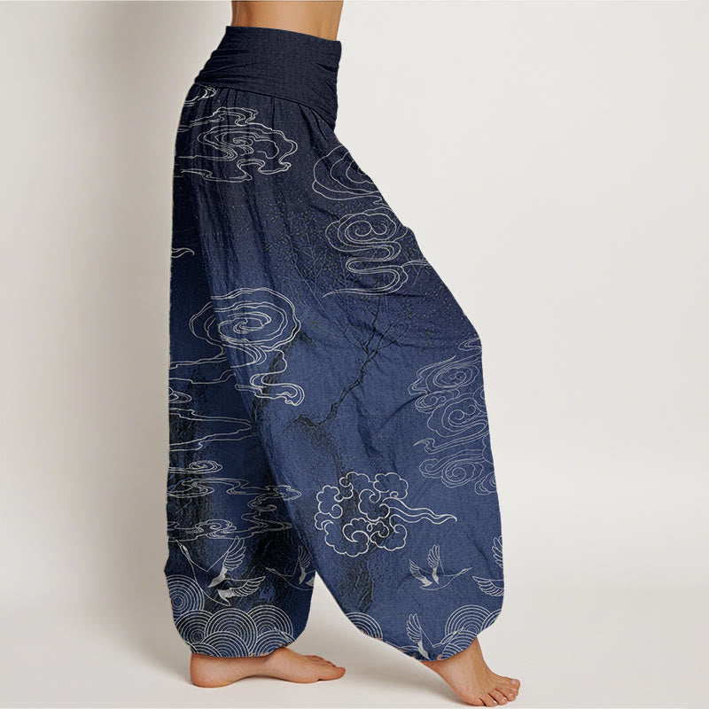 Pantalones harén de algodón puro con diseño de Buddha Stones, nubes auspiciosas, pájaros y árboles, para mujer, con cintura elástica