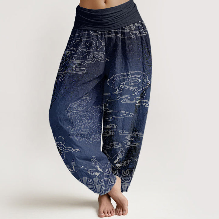 Pantalones harén de algodón puro con diseño de Buddha Stones, nubes auspiciosas, pájaros y árboles, para mujer, con cintura elástica
