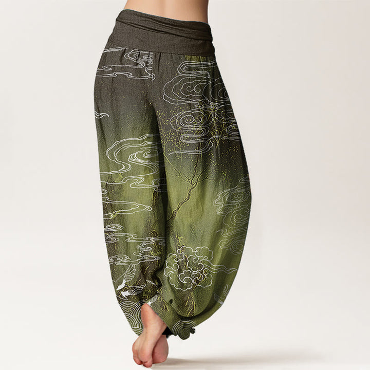 Pantalones harén de algodón puro con diseño de Buddha Stones, nubes auspiciosas, pájaros y árboles, para mujer, con cintura elástica