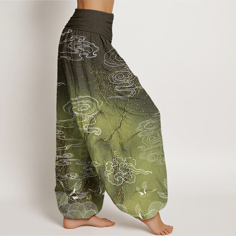 Pantalones harén de algodón puro con diseño de Buddha Stones, nubes auspiciosas, pájaros y árboles, para mujer, con cintura elástica