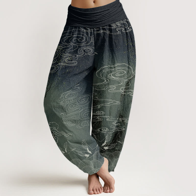 Pantalones harén de algodón puro con diseño de Buddha Stones, nubes auspiciosas, pájaros y árboles, para mujer, con cintura elástica - Verde oscuro - US22，UK/AU26，EU54 (6XL) - image 6