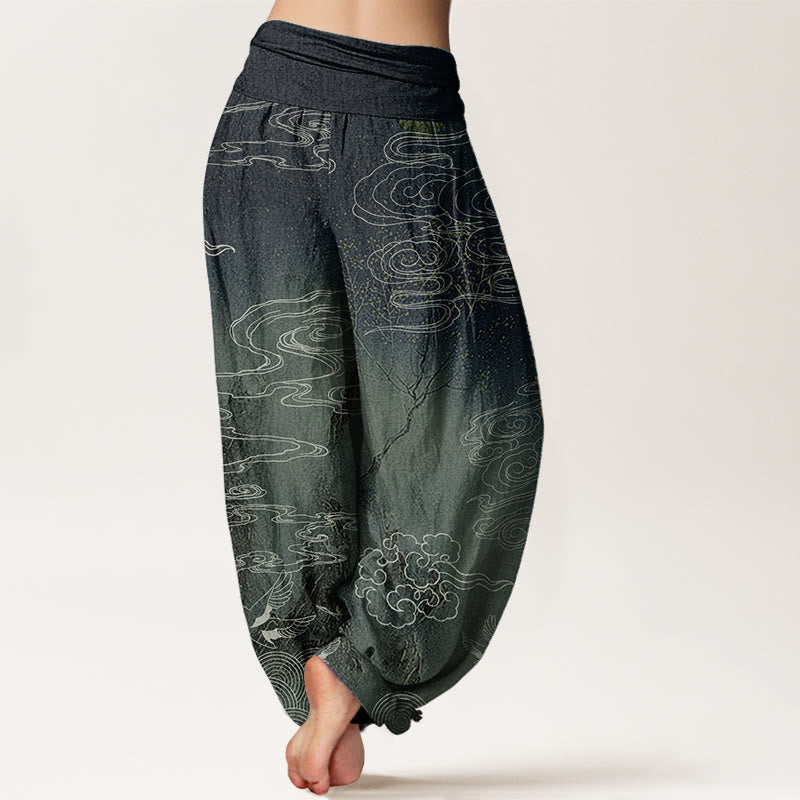 Pantalones harén de algodón puro con diseño de Buddha Stones, nubes auspiciosas, pájaros y árboles, para mujer, con cintura elástica