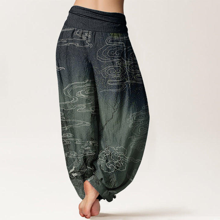 Pantalones harén de algodón puro con diseño de Buddha Stones, nubes auspiciosas, pájaros y árboles, para mujer, con cintura elástica