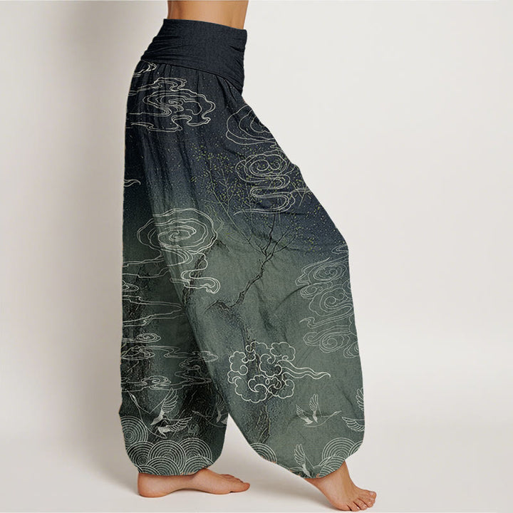 Pantalones harén de algodón puro con diseño de Buddha Stones, nubes auspiciosas, pájaros y árboles, para mujer, con cintura elástica - image 7