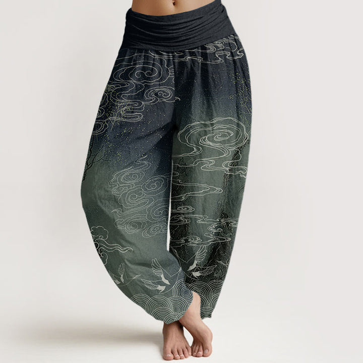 Pantalones harén de algodón puro con diseño de Buddha Stones, nubes auspiciosas, pájaros y árboles, para mujer, con cintura elástica